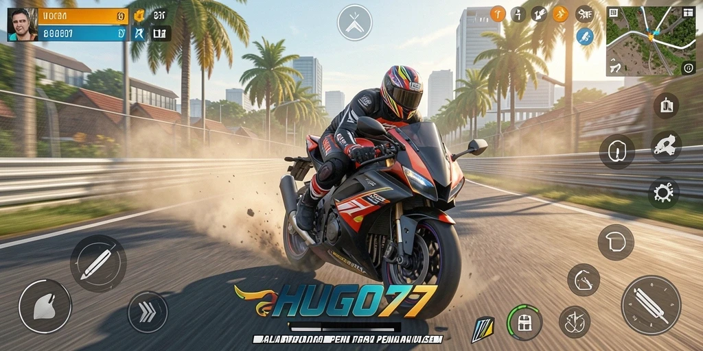 Tampilan seru gameplay HUGO77 dengan aksi balap motor.