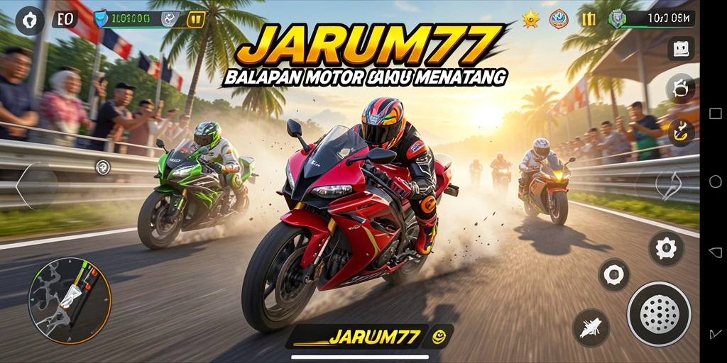 Screenshot gameplay JARUM77 menampilkan aksi balapan motor yang mendebarkan.