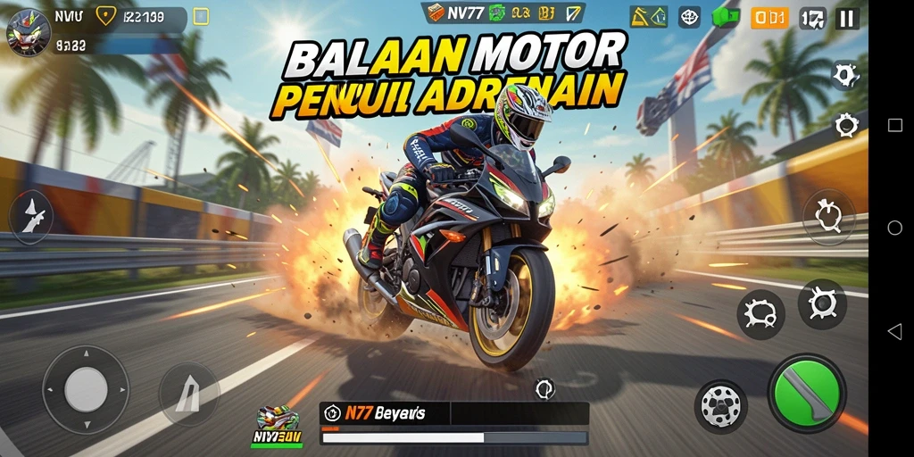 Screenshot utama NV77 menampilkan aksi balapan motor yang mendebarkan.