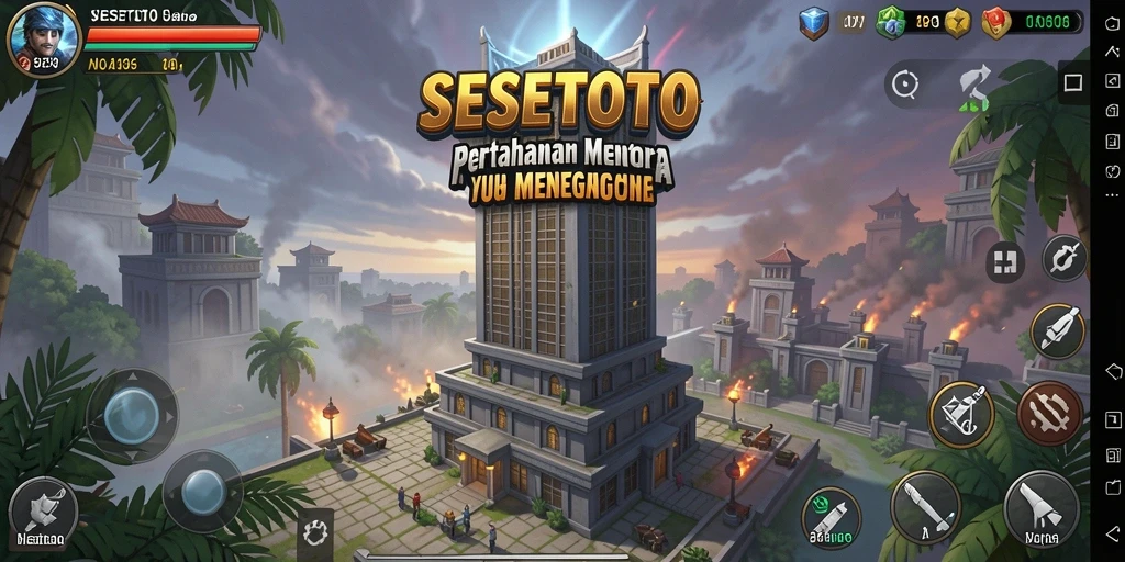 Screenshot gameplay SESETOTO dengan menara pertahanan melawan musuh.
