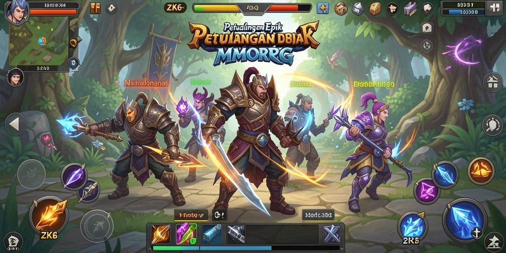 Screenshot dari gameplay menarik di ZK6 menunjukkan pertempuran epik MMORPG.
